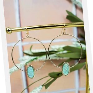 NEW Iridescent Mint Druzy Oval Goldtone Hoop Earrings